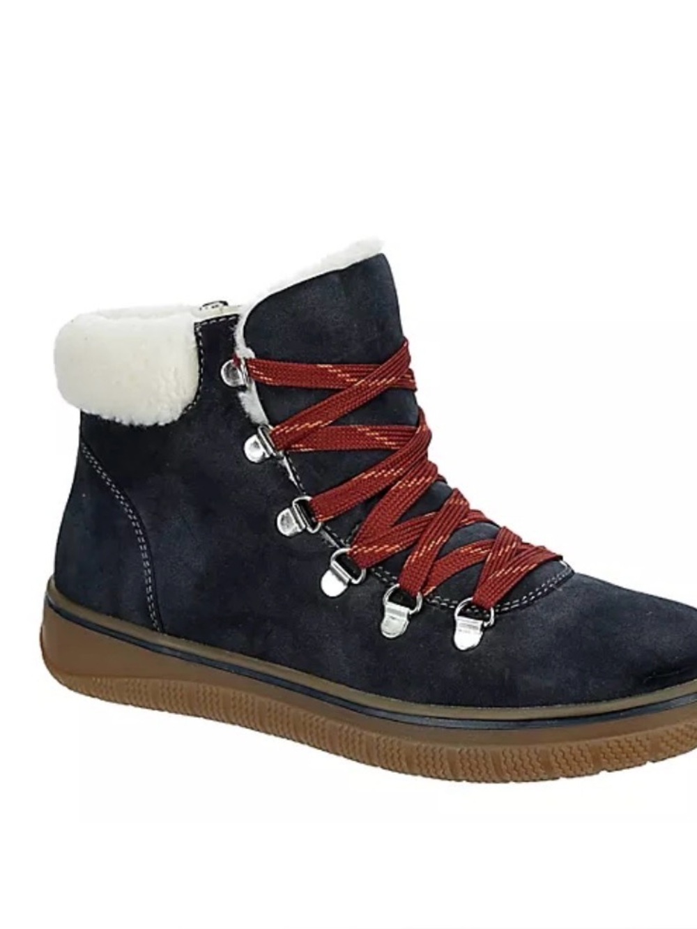 Everly Navy Winter Ankle Boot with Brown Sole and Red Laces